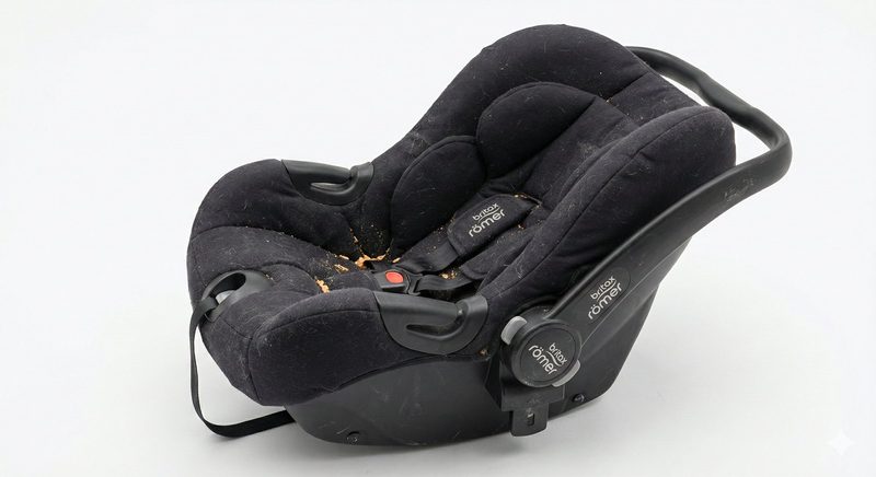 Britax Römer baby car seat before cleaning — crumbs, stains, hair