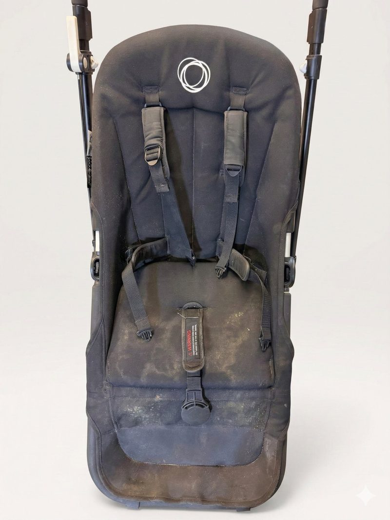 Buggy seat fabric before buggy cleaning &mdash; stained and dirty