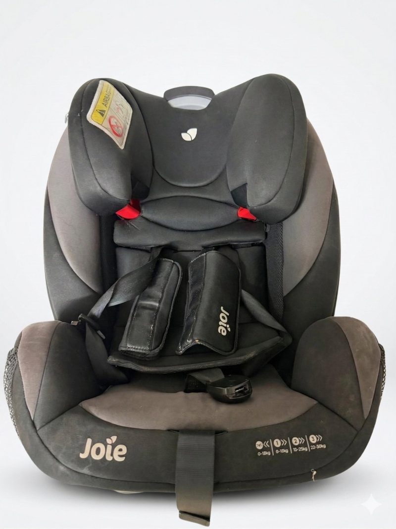 Joie toddler car seat before cleaning — dusty, crumbs, stained fabric
