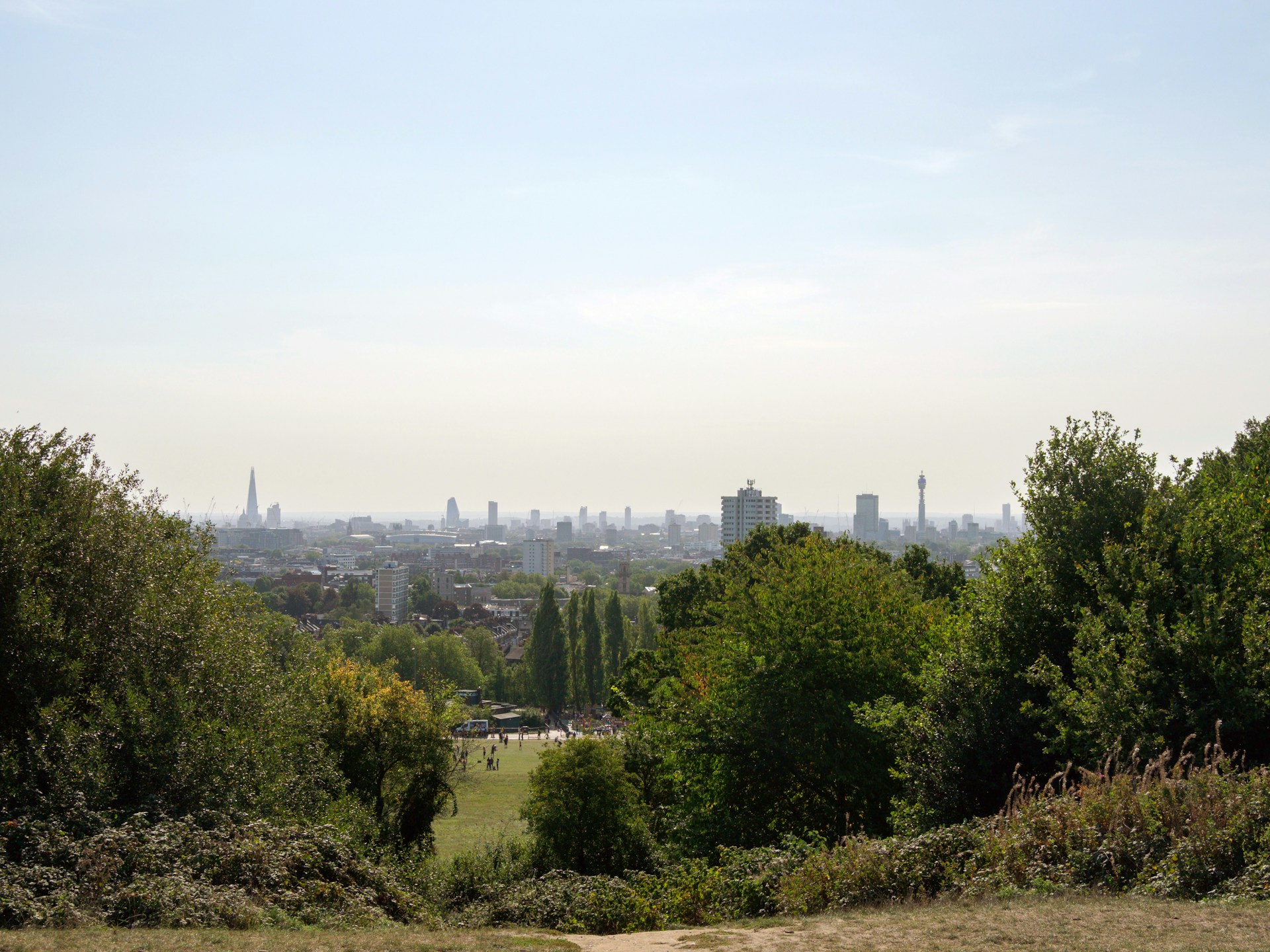 Panoramic view of London skyline from Parliament Hill Hampstead Heath